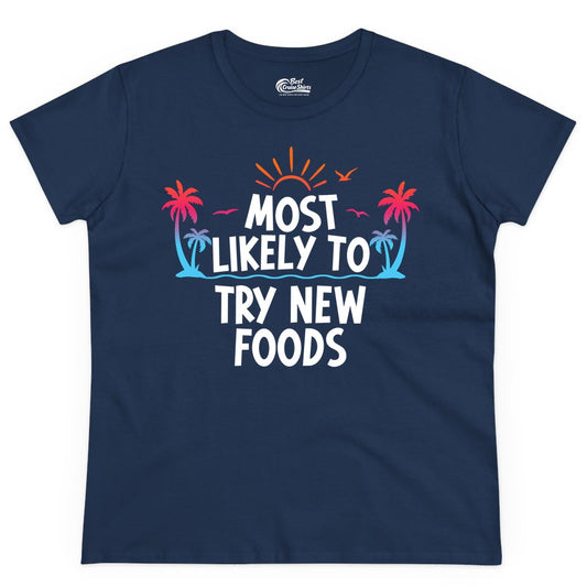 Most Likely to Try New Foods Shirt - Funny Foodie Travel Tee (Ladies Tee) in Navy - Most Likely To Try New Foods Tropical Palm Tree Sunset Shirt