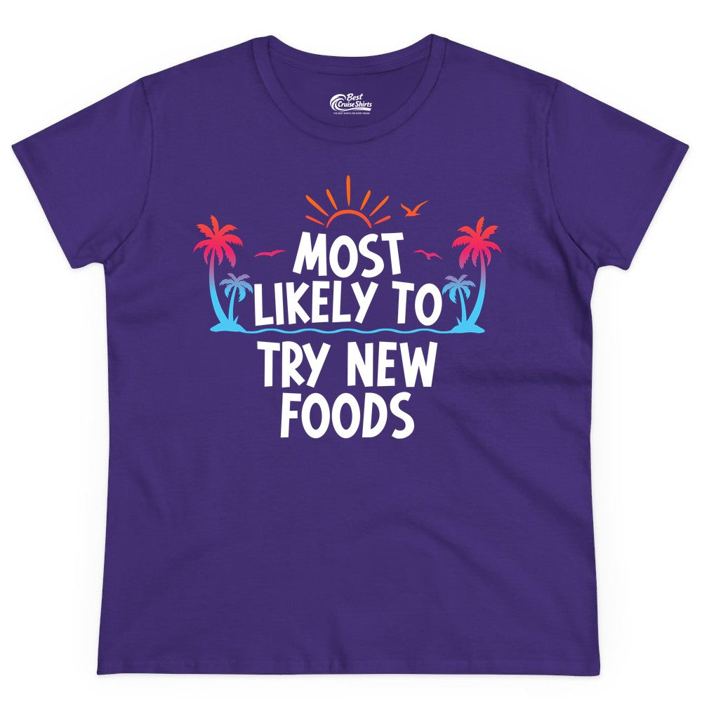 Most Likely to Try New Foods Shirt - Funny Foodie Travel Tee (Ladies Tee) in Purple - Most Likely To Try New Foods Tropical Palm Tree Sunset Shirt