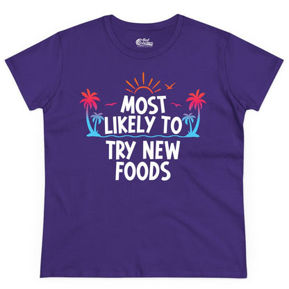 Most Likely to Try New Foods Shirt - Funny Foodie Travel Tee (Ladies Tee) in Purple - Most Likely To Try New Foods Tropical Palm Tree Sunset Shirt