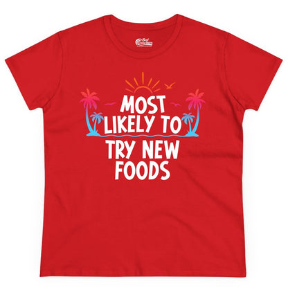 Most Likely to Try New Foods Shirt - Funny Foodie Travel Tee (Ladies Tee) in Red - Most Likely To Try New Foods Tropical Palm Tree Sunset Shirt