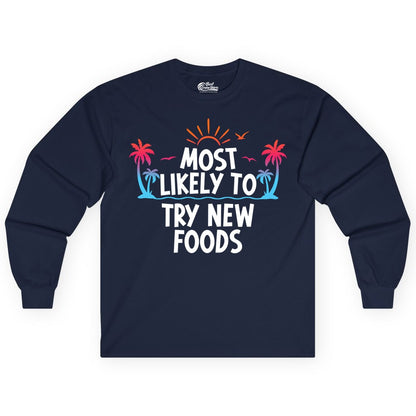 Most Likely to Try New Foods Shirt - Funny Foodie Travel Tee (Long Sleeve) in Navy - Most Likely To Try New Foods Tropical Palm Tree Sunset Shirt