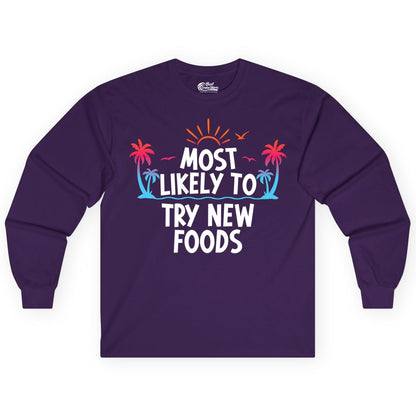 Most Likely to Try New Foods Shirt - Funny Foodie Travel Tee (Long Sleeve) in Purple - Most Likely To Try New Foods Tropical Palm Tree Sunset Shirt