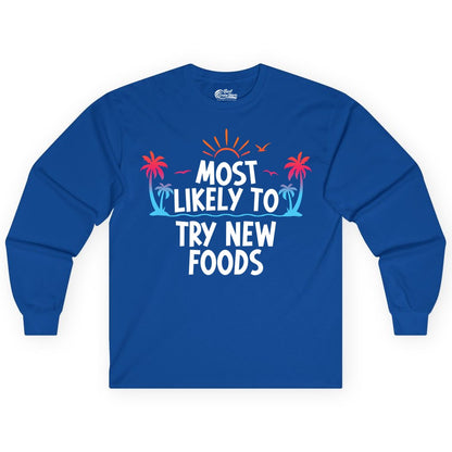 Most Likely to Try New Foods Shirt - Funny Foodie Travel Tee (Long Sleeve) in Royal - Most Likely To Try New Foods Tropical Palm Tree Sunset Shirt