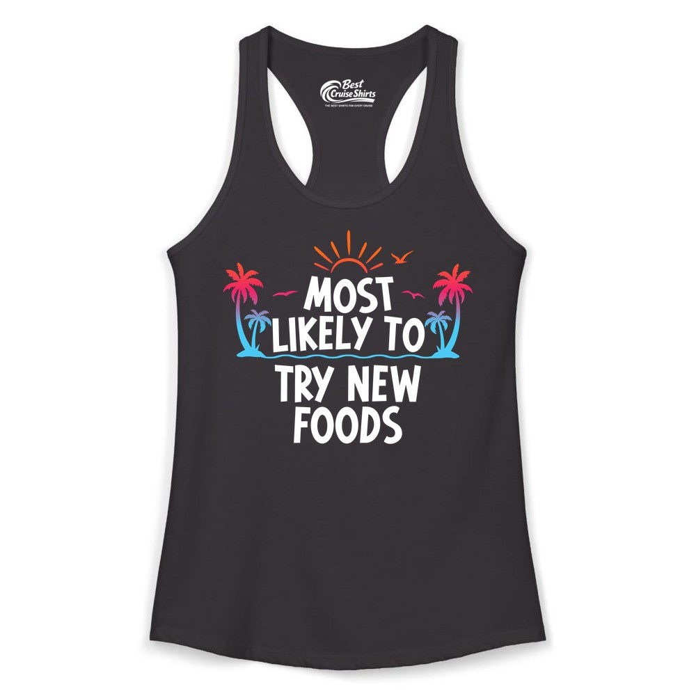 Most Likely to Try New Foods Shirt - Funny Foodie Travel Tee (Ladies Tank) in Black - Most Likely To Try New Foods Tropical Palm Tree Sunset Shirt