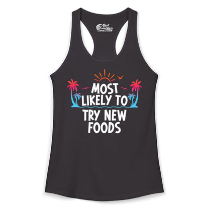Most Likely to Try New Foods Shirt - Funny Foodie Travel Tee (Ladies Tank) in Black - Most Likely To Try New Foods Tropical Palm Tree Sunset Shirt