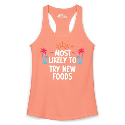 Most Likely to Try New Foods Shirt - Funny Foodie Travel Tee (Ladies Tank) in Solid Light Orange - Most Likely To Try New Foods Tropical Palm Tree Sunset Shirt