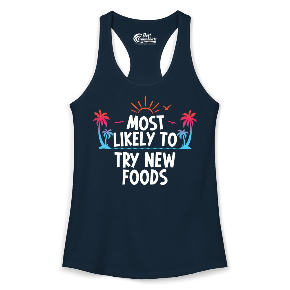 Most Likely to Try New Foods Shirt - Funny Foodie Travel Tee (Ladies Tank) in Solid Midnight Navy - Most Likely To Try New Foods Tropical Palm Tree Sunset Shirt