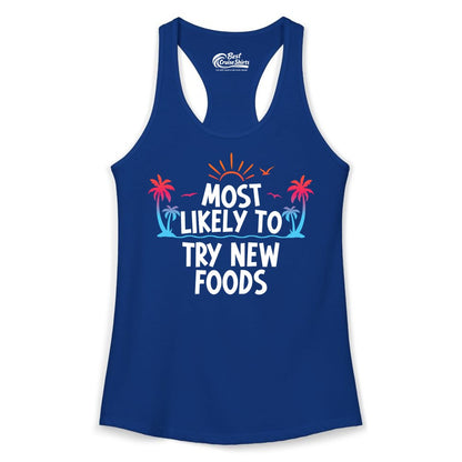 Most Likely to Try New Foods Shirt - Funny Foodie Travel Tee (Ladies Tank) in Solid Royal - Most Likely To Try New Foods Tropical Palm Tree Sunset Shirt
