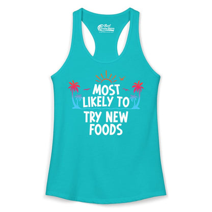 Most Likely to Try New Foods Shirt - Funny Foodie Travel Tee (Ladies Tank) in Tahiti Blue - Most Likely To Try New Foods Tropical Palm Tree Sunset Shirt