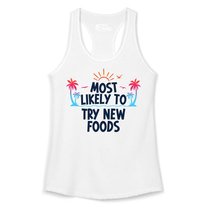 Most Likely to Try New Foods Shirt - Funny Foodie Travel Tee (Ladies Tank) in White - Most Likely To Try New Foods Tropical Palm Tree Sunset Shirt