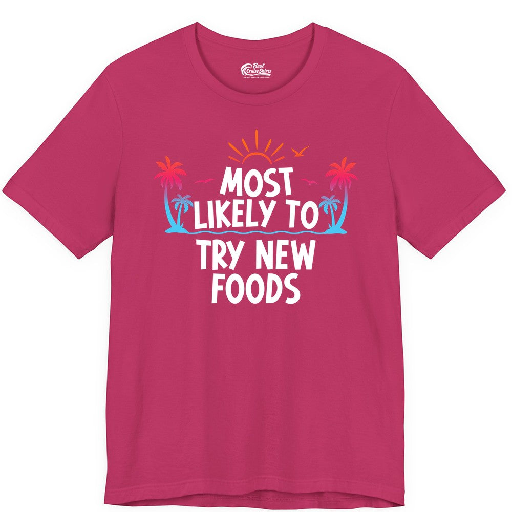 Most Likely to Try New Foods Shirt - Funny Foodie Travel Tee (Premium Tee) in Berry - Most Likely To Try New Foods Tropical Palm Tree Sunset Shirt