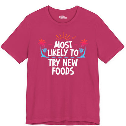 Most Likely to Try New Foods Shirt - Funny Foodie Travel Tee (Premium Tee) in Berry - Most Likely To Try New Foods Tropical Palm Tree Sunset Shirt