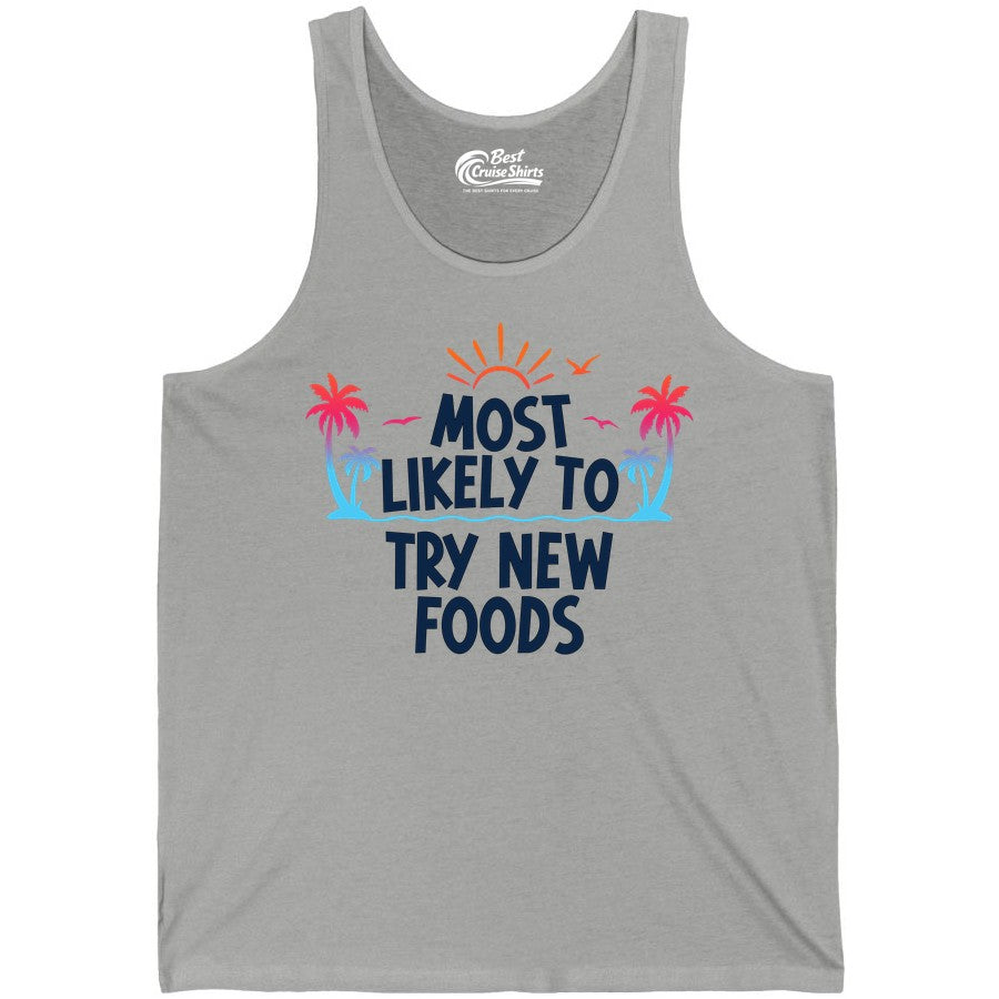 Most Likely to Try New Foods Shirt - Funny Foodie Travel Tee (Tank Top) in Athletic Heather - Most Likely To Try New Foods Tropical Palm Tree Sunset Shirt