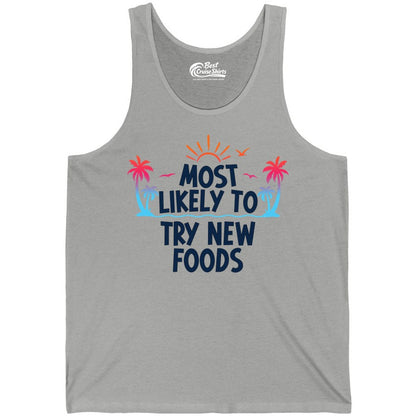 Most Likely to Try New Foods Shirt - Funny Foodie Travel Tee (Tank Top) in Athletic Heather - Most Likely To Try New Foods Tropical Palm Tree Sunset Shirt