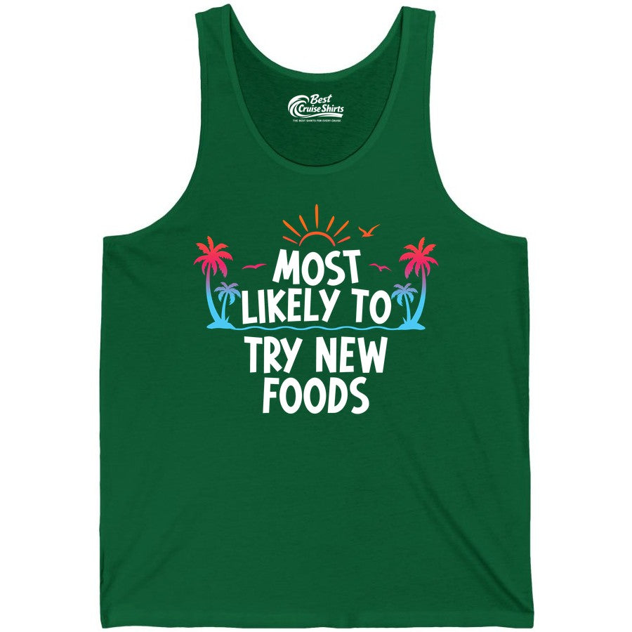 Most Likely to Try New Foods Shirt - Funny Foodie Travel Tee (Tank Top) in Kelly - Most Likely To Try New Foods Tropical Palm Tree Sunset Shirt