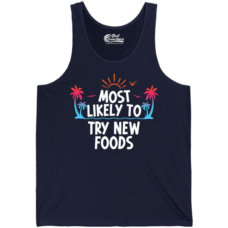 Most Likely to Try New Foods Shirt - Funny Foodie Travel Tee (Tank Top) in Navy - Most Likely To Try New Foods Tropical Palm Tree Sunset Shirt