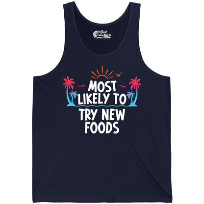Most Likely to Try New Foods Shirt - Funny Foodie Travel Tee (Tank Top) in Navy - Most Likely To Try New Foods Tropical Palm Tree Sunset Shirt