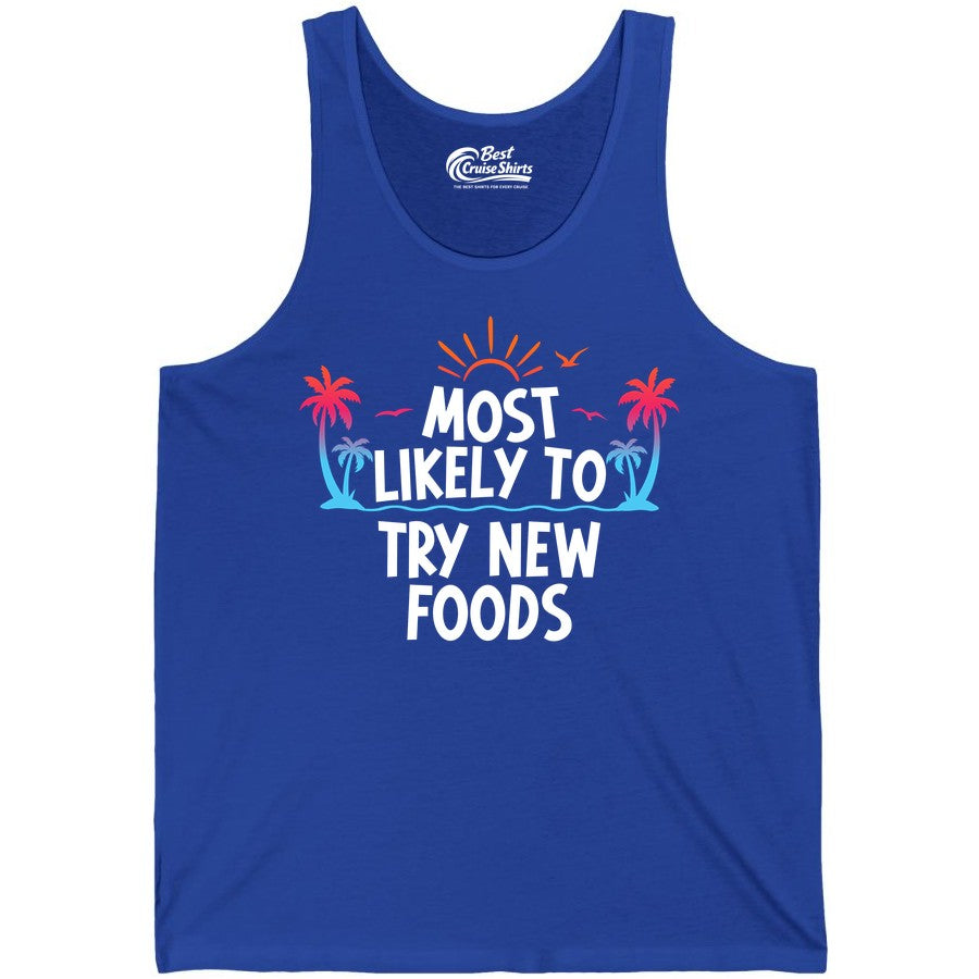 Most Likely to Try New Foods Shirt - Funny Foodie Travel Tee (Tank Top) in True Royal - Most Likely To Try New Foods Tropical Palm Tree Sunset Shirt