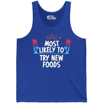 Most Likely to Try New Foods Shirt - Funny Foodie Travel Tee (Tank Top) in True Royal - Most Likely To Try New Foods Tropical Palm Tree Sunset Shirt
