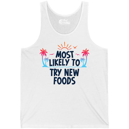 Most Likely to Try New Foods Shirt - Funny Foodie Travel Tee (Tank Top) in White - Most Likely To Try New Foods Tropical Palm Tree Sunset Shirt