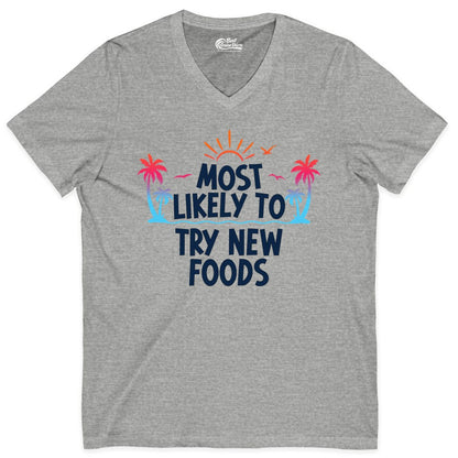 Most Likely to Try New Foods Shirt - Funny Foodie Travel Tee (V-Neck) in Athletic Heather - Most Likely To Try New Foods Tropical Palm Tree Sunset Shirt