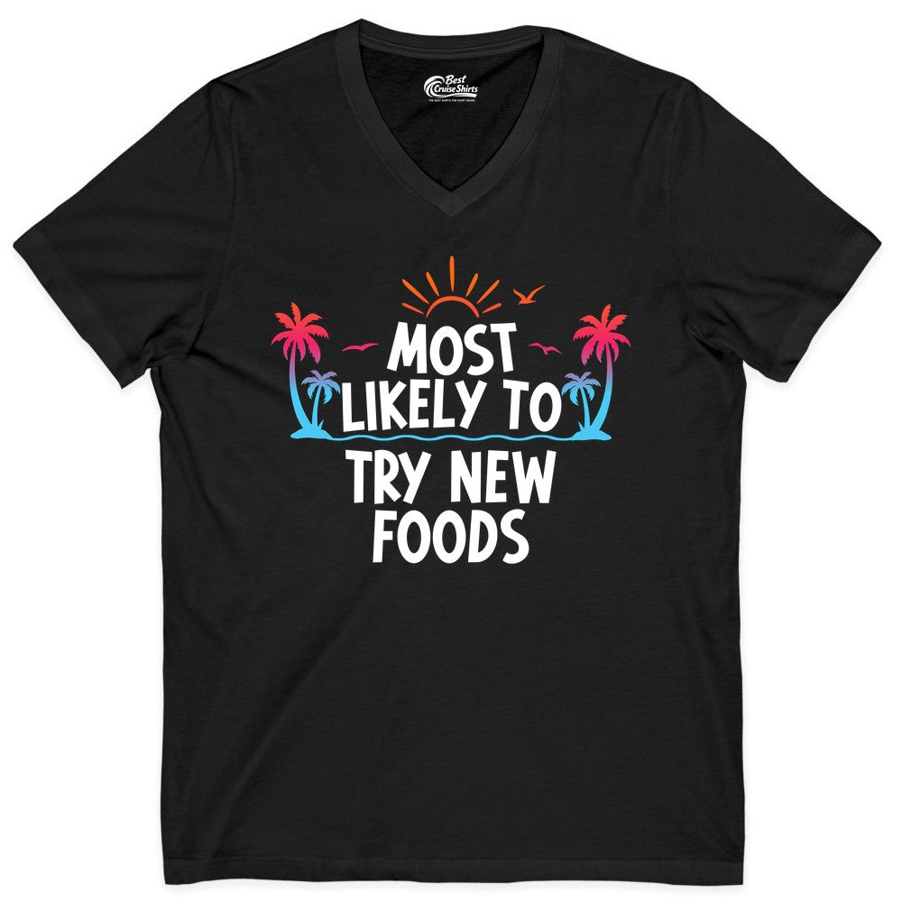 Most Likely to Try New Foods Shirt - Funny Foodie Travel Tee (V-Neck) in Black - Most Likely To Try New Foods Tropical Palm Tree Sunset Shirt