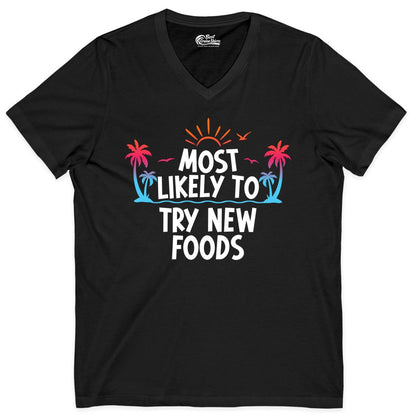 Most Likely to Try New Foods Shirt - Funny Foodie Travel Tee (V-Neck) in Black - Most Likely To Try New Foods Tropical Palm Tree Sunset Shirt