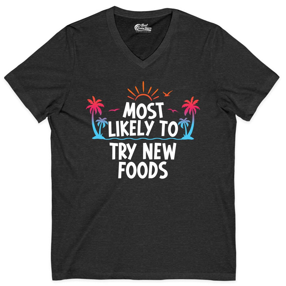 Most Likely to Try New Foods Shirt - Funny Foodie Travel Tee (V-Neck) in Dark Grey Heather - Most Likely To Try New Foods Tropical Palm Tree Sunset Shirt