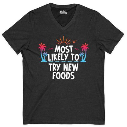 Most Likely to Try New Foods Shirt - Funny Foodie Travel Tee (V-Neck) in Dark Grey Heather - Most Likely To Try New Foods Tropical Palm Tree Sunset Shirt