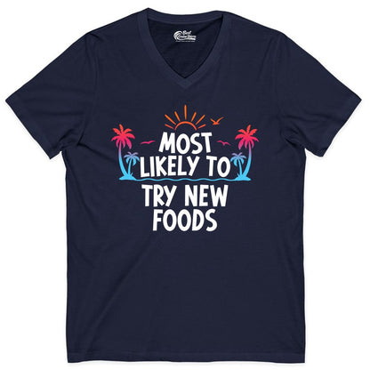 Most Likely to Try New Foods Shirt - Funny Foodie Travel Tee (V-Neck) in Navy - Most Likely To Try New Foods Tropical Palm Tree Sunset Shirt