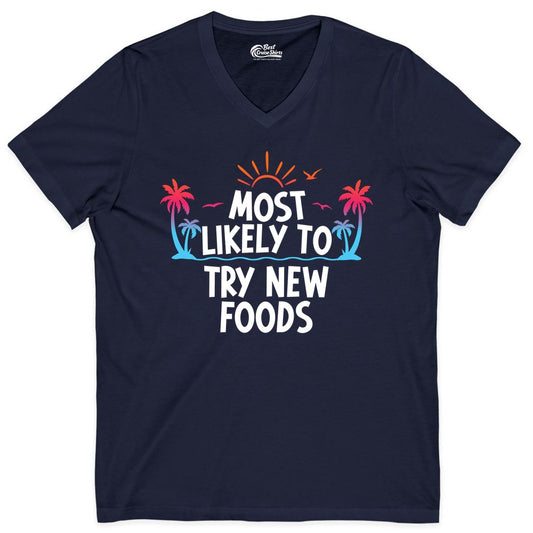 Most Likely to Try New Foods Shirt - Funny Foodie Travel Tee (V-Neck) in Navy - Most Likely To Try New Foods Tropical Palm Tree Sunset Shirt
