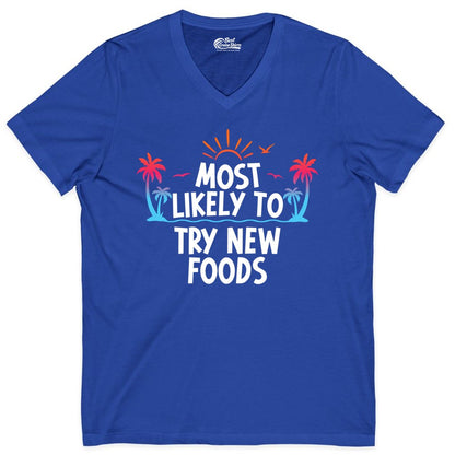 Most Likely to Try New Foods Shirt - Funny Foodie Travel Tee (V-Neck) in True Royal - Most Likely To Try New Foods Tropical Palm Tree Sunset Shirt