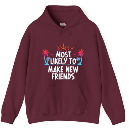 Most Likely to Make New Friends Shirt - Tropical Vacation Tee (Hoodie) in Maroon - Most Likely To Make New Friends Tropical Sunset Palm Trees Shirt