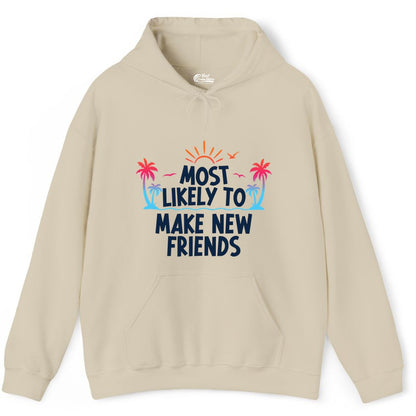 Most Likely to Make New Friends Shirt - Tropical Vacation Tee (Hoodie) in Sand - Most Likely To Make New Friends Tropical Sunset Palm Trees Shirt