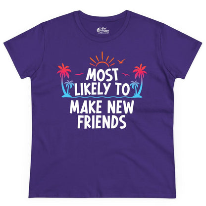 Most Likely to Make New Friends Shirt - Tropical Vacation Tee (Ladies Tee) in Purple - Most Likely To Make New Friends Tropical Sunset Palm Trees Shirt
