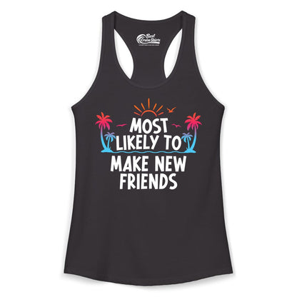 Most Likely to Make New Friends Shirt - Tropical Vacation Tee (Ladies Tank) in Black - Most Likely To Make New Friends Tropical Sunset Palm Trees Shirt
