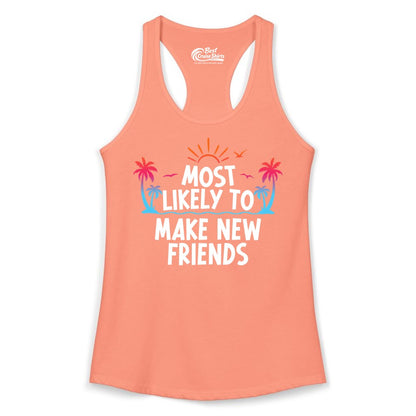 Most Likely to Make New Friends Shirt - Tropical Vacation Tee (Ladies Tank) in Solid Light Orange - Most Likely To Make New Friends Tropical Sunset Palm Trees Shirt