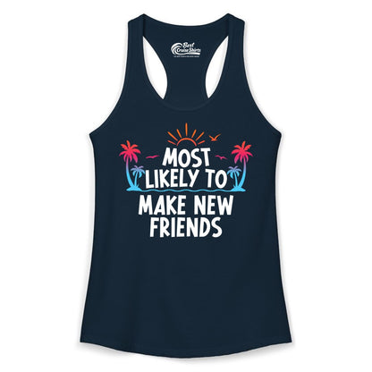 Most Likely to Make New Friends Shirt - Tropical Vacation Tee (Ladies Tank) in Solid Midnight Navy - Most Likely To Make New Friends Tropical Sunset Palm Trees Shirt
