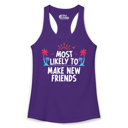 Most Likely to Make New Friends Shirt - Tropical Vacation Tee (Ladies Tank) in Solid Purple Rush - Most Likely To Make New Friends Tropical Sunset Palm Trees Shirt