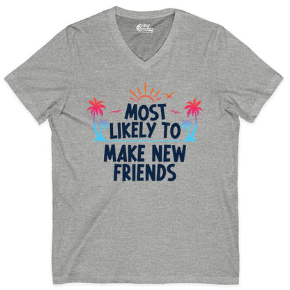 Most Likely to Make New Friends Shirt - Tropical Vacation Tee (V-Neck) in Athletic Heather - Most Likely To Make New Friends Tropical Sunset Palm Trees Shirt
