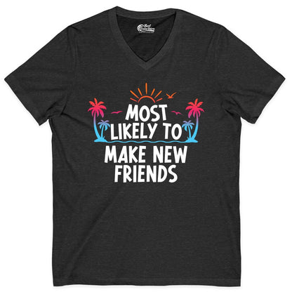 Most Likely to Make New Friends Shirt - Tropical Vacation Tee (V-Neck) in Dark Grey Heather - Most Likely To Make New Friends Tropical Sunset Palm Trees Shirt