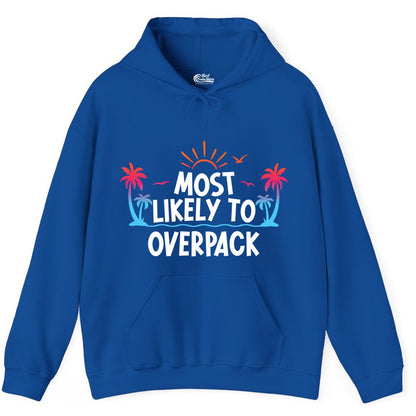 Most Likely to Overpack Shirt - Funny Tropical Vacation Tee (Hoodie) in Royal - Most Likely To Overpack Tropical Humor Shirt With Palm Trees And Sun