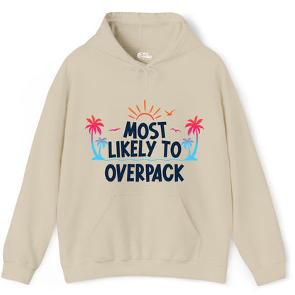 Most Likely to Overpack Shirt - Funny Tropical Vacation Tee (Hoodie) in Sand - Most Likely To Overpack Tropical Humor Shirt With Palm Trees And Sun