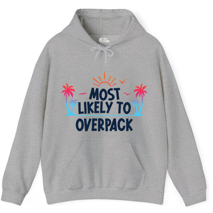 Most Likely to Overpack Shirt - Funny Tropical Vacation Tee (Hoodie) in Sport Grey - Most Likely To Overpack Tropical Humor Shirt With Palm Trees And Sun