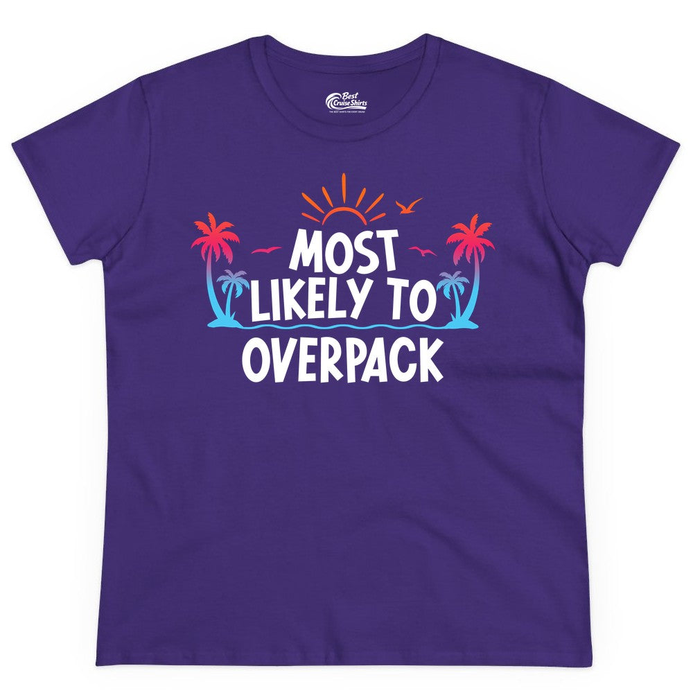 Most Likely to Overpack Shirt - Funny Tropical Vacation Tee (Ladies Tee) in Purple - Most Likely To Overpack Tropical Humor Shirt With Palm Trees And Sun