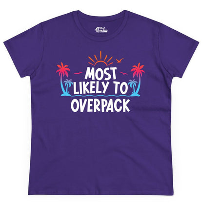 Most Likely to Overpack Shirt - Funny Tropical Vacation Tee (Ladies Tee) in Purple - Most Likely To Overpack Tropical Humor Shirt With Palm Trees And Sun