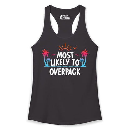 Most Likely to Overpack Shirt - Funny Tropical Vacation Tee (Ladies Tank) in Black - Most Likely To Overpack Tropical Humor Shirt With Palm Trees And Sun