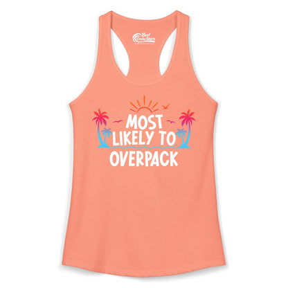 Most Likely to Overpack Shirt - Funny Tropical Vacation Tee (Ladies Tank) in Solid Light Orange - Most Likely To Overpack Tropical Humor Shirt With Palm Trees And Sun