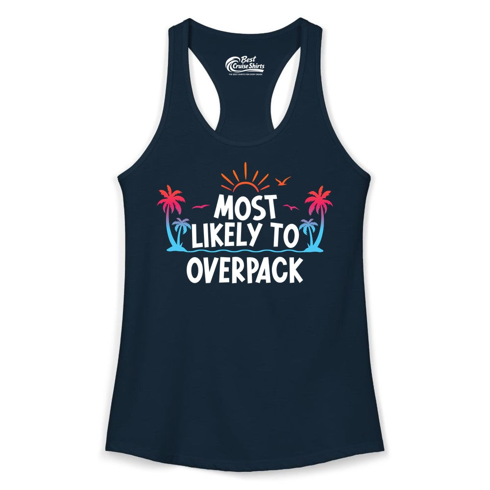 Most Likely to Overpack Shirt - Funny Tropical Vacation Tee (Ladies Tank) in Solid Midnight Navy - Most Likely To Overpack Tropical Humor Shirt With Palm Trees And Sun