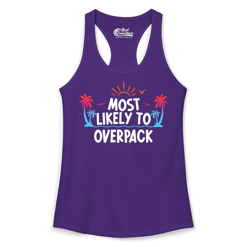 Most Likely to Overpack Shirt - Funny Tropical Vacation Tee (Ladies Tank) in Solid Purple Rush - Most Likely To Overpack Tropical Humor Shirt With Palm Trees And Sun